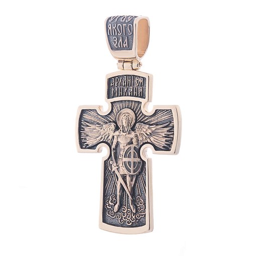Золотой православный крест "Распятие. Архангел Михаил" с чернением 2