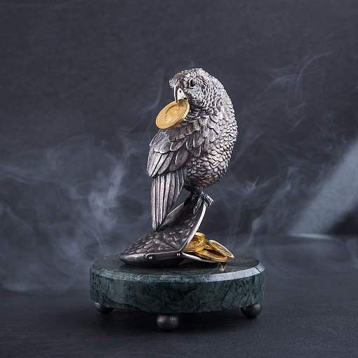 Серебряная фигура ручной работы "Попугай на кошельке с монетами"