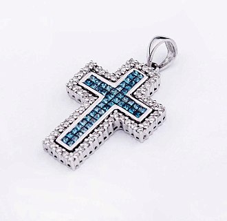 картинка Золотой крестик с белыми и голубыми бриллиантами Интернет магазин Oniks Premiun