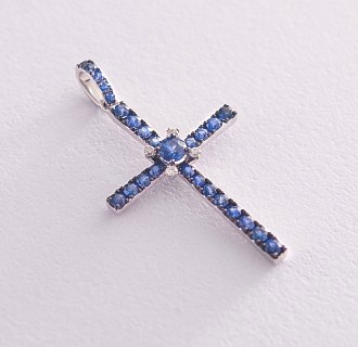 картинка Золотой крестик с синими сапфирами и бриллиантами Интернет магазин Oniks Premiun