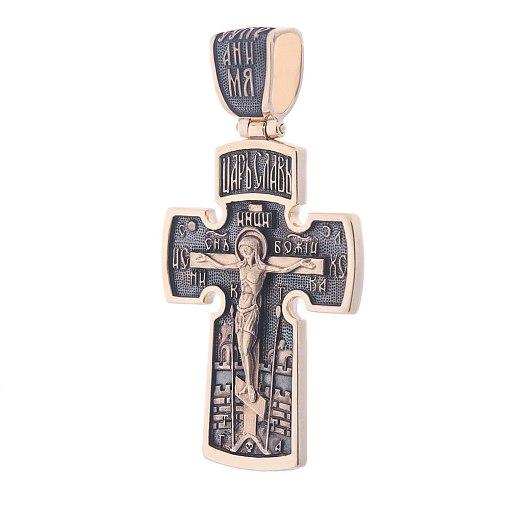 Золотой православный крест "Распятие. Архангел Михаил" с чернением