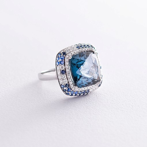 Золотое кольцо с бриллиантами, сапфирами и топазом "Лондон голубой" 2